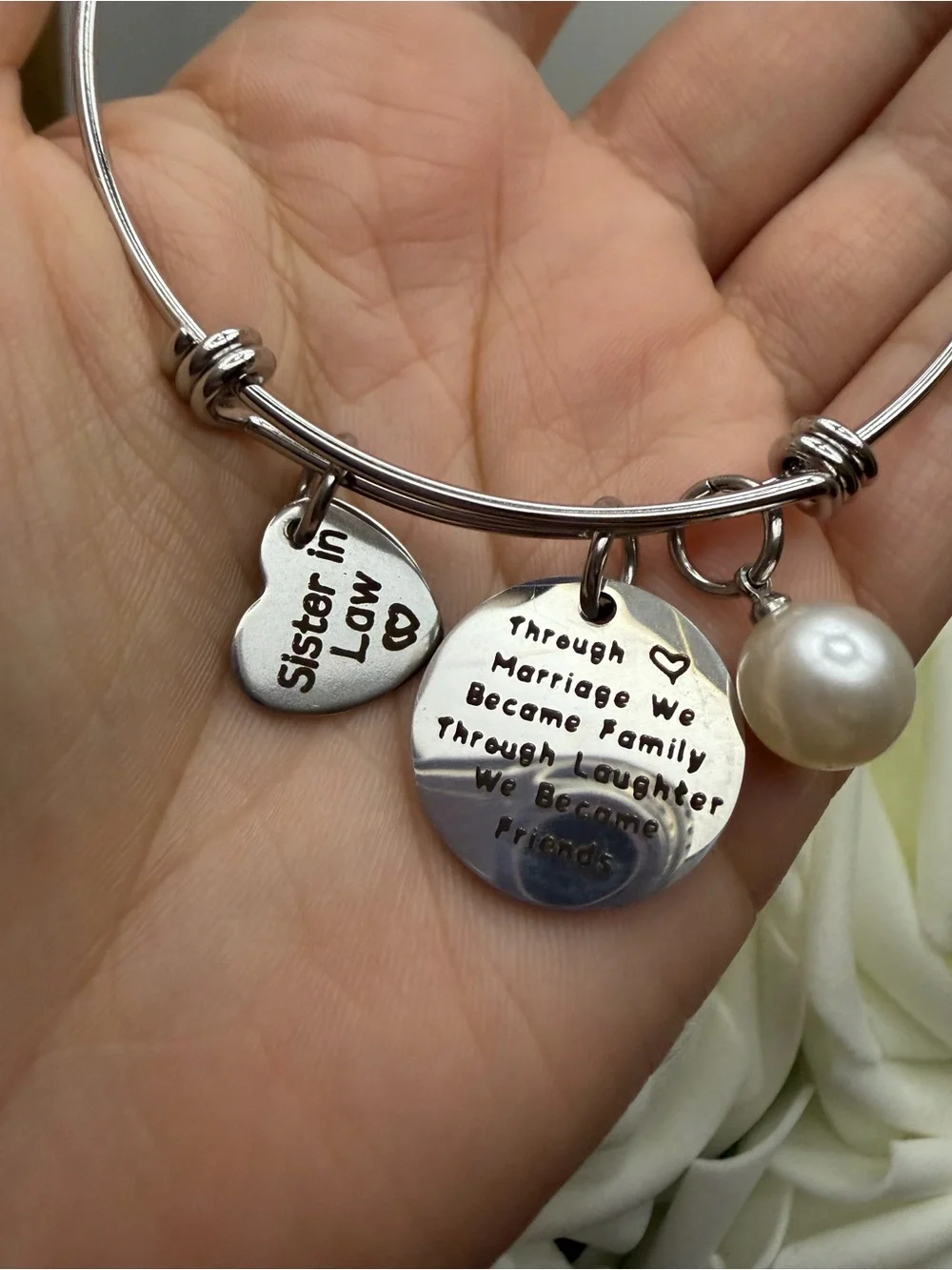 Silver Charm Bangle Bracelet with Pearl - Sister Love